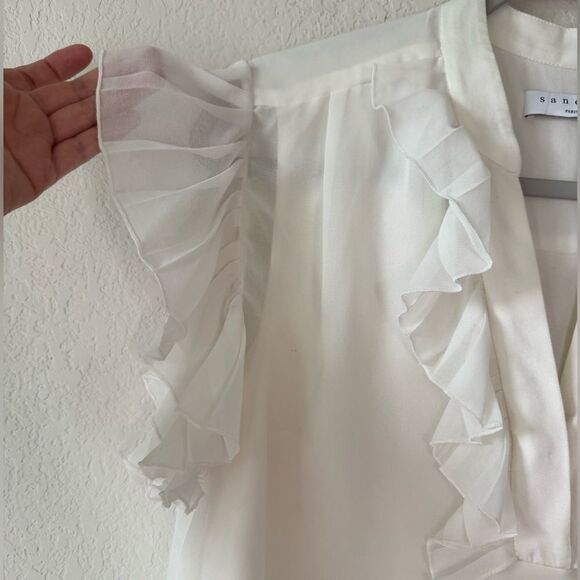 Sandro Paris Ivory Ruffle Sheer Blouse Top Women’s Size 2 M Romantic Feminine - Picture 7 of 8